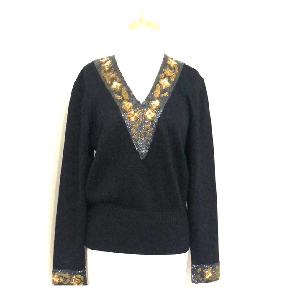 Nannell vintage black pullover long sleeve beaded sweater, size S
